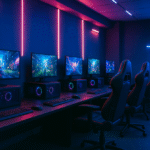 Une rangée d'ordinateurs de jeu avec un éclairage au néon et des chaises ergonomiques dans une salle de jeu esports moderne, parfaite pour les tournois intenses ou l'entraînement aux matchs de Brouillon auto.