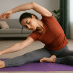 Une femme vêtue d'une chemise rouge et d'un legging gris est assise sur un tapis de yoga dans le salon, s'étirant latéralement en style automatique Brouillon avec un bras au-dessus de la tête et touchant son pied.