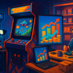 Deux hommes travaillent dans une salle avec des machines d'arcade : l'un enregistre sur un ordinateur en utilisant Brouillon auto, l'autre gère les finances avec des tableaux, des ordinateurs portables et des pièces de monnaie, entouré de boîtes et d'étagères.