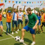 Un homme vêtu d'une chemise verte joue au football sur le terrain tandis qu'un groupe de personnes vêtues de vêtements colorés applaudissent et agitent des drapeaux, capturant un moment animé qui rappelle une scène de voiture de Brouillon.