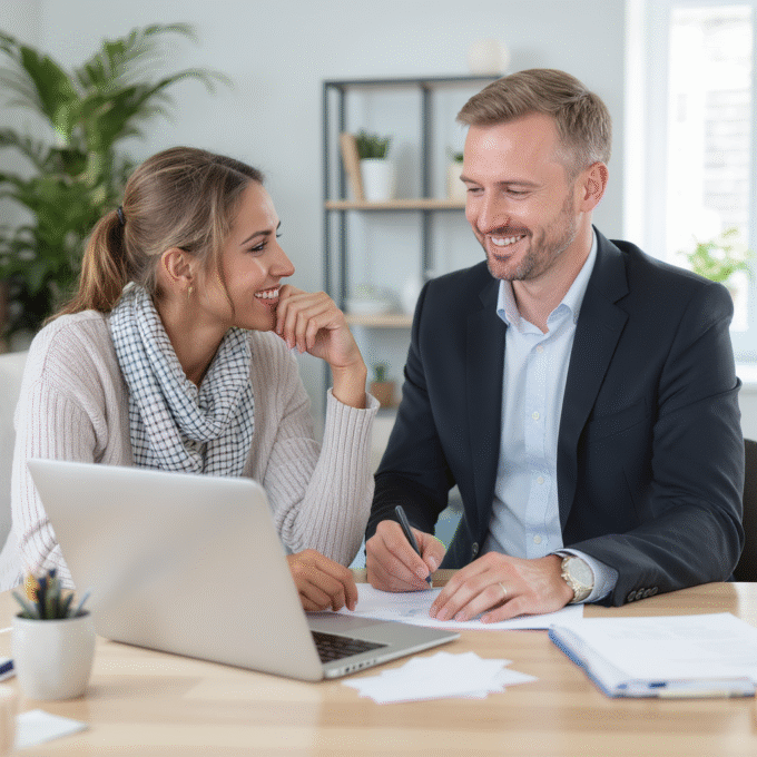 Un homme en costume et une femme en tenue décontractée sont assis à un bureau et discutent de documents relatifs au prêt immobilier pour 2025 tout en utilisant un ordinateur portable dans un bureau.