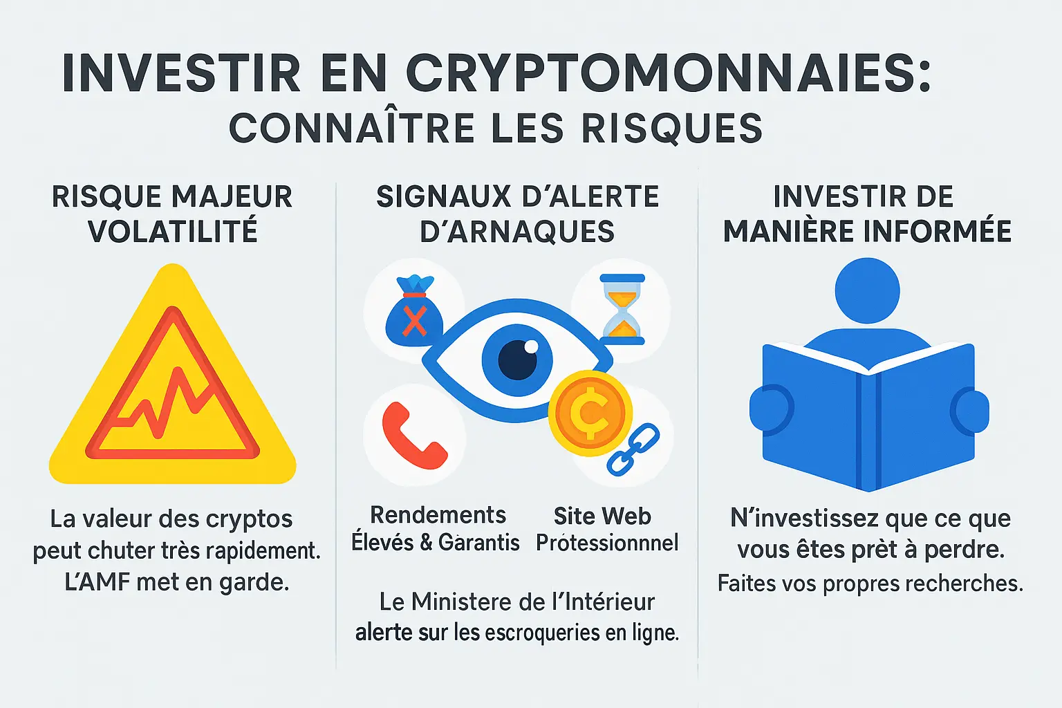 Illustration montrant la volatilité des cryptomonnaies avec des graphiques en dents de scie et des avertissements en surbrillance