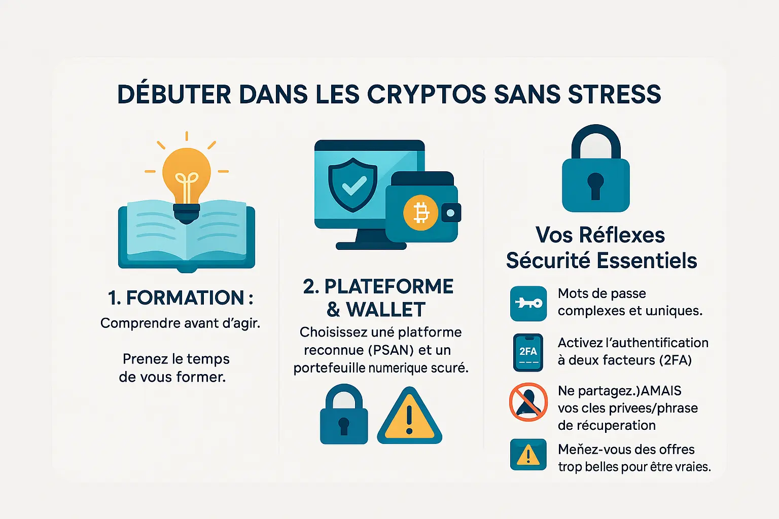 Illustration d'un guide pour débuter dans les cryptomonnaies sans stress