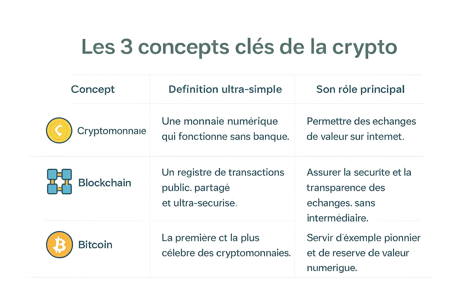 Schéma illustrant les 3 concepts clés de la crypto