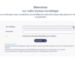Page de connexion pour Melanie2web, le portail numérique français des agents de l'État, avec les champs nom d'utilisateur et mot de passe et deux personnes illustrées assises de part et d'autre de la boîte de connexion.
