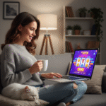 Une femme est assise sur un canapé confortable, une tasse à la main, jouant à un jeu de machine à sous gratuit sur son ordinateur portable. Un chat blanc repose paisiblement sur ses genoux, tandis qu'un éclairage doux et chaleureux envahit la pièce.