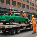 Trois travailleurs en vêtements de sécurité orange effectuent un retrait d'épaves sans frais, en fixant une camionnette verte sur une dépanneuse à plateau, dans une rue de la ville, près de bâtiments en briques.