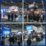 Un collage de quatre photos montre des foules se rassemblant autour des stands d'entreprises de blockchain et de crypto-monnaies à VivaTech 2026, qui s'est tenu dans un grand hall d'exposition intérieur.