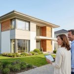Un homme et une femme se tiennent à l'extérieur d'une maison neuve Île-de-France moderne de deux étages avec de grandes fenêtres, une pelouse bien entretenue et des jardins paysagers dans une rue de banlieue.