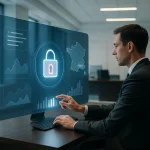 Un homme en costume utilise un grand écran tactile affichant des graphiques de cybersécurité, dont une icône de cadenas, dans un bureau moderne avec un drapeau français et la plateforme sécurisée Melanie 2 Web en arrière-plan.