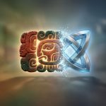 Un glyphe maya stylisé en pierre fusionne avec un symbole triquetra bleu métallique, faisant allusion à d'anciens symboles et à la signification cachée qui transparaît sur un arrière-plan flou.