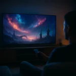 Une personne est assise dans une pièce sombre et regarde des films HDS à la télévision, captivée par un paysage de science-fiction coloré avec des tours futuristes et un ciel éclatant, tout en explorant de nouvelles alternatives de streaming.