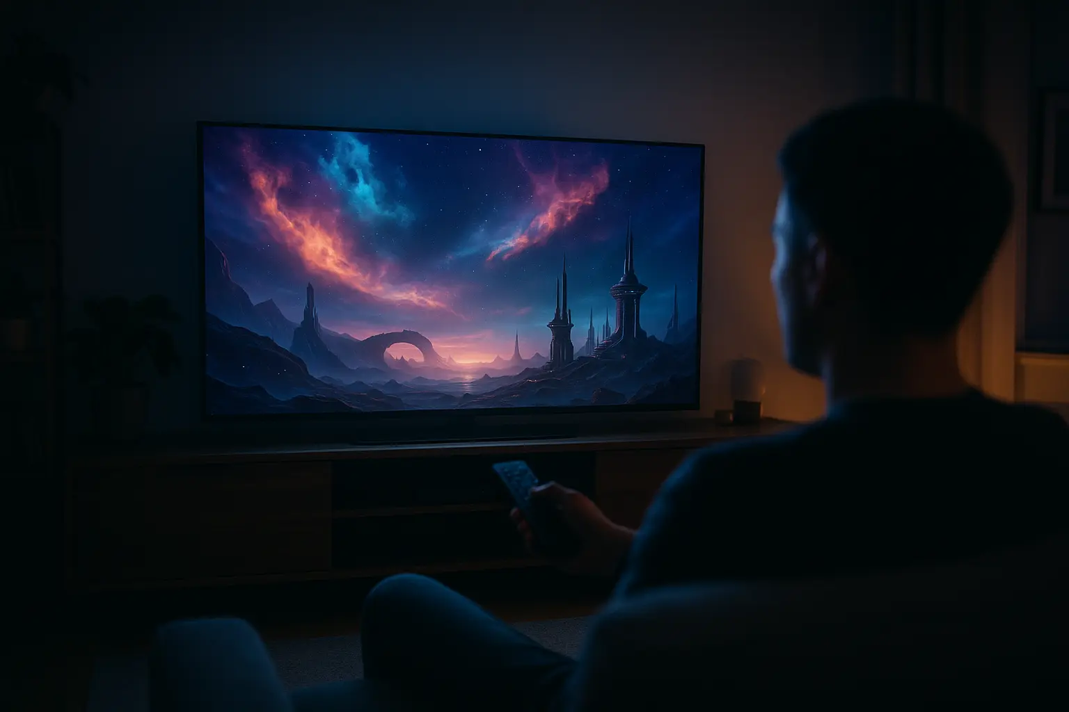 Une personne est assise dans une pièce sombre et regarde des films HDS à la télévision, captivée par un paysage de science-fiction coloré avec des tours futuristes et un ciel éclatant, tout en explorant de nouvelles alternatives de streaming.