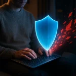 Une personne tape sur un ordinateur portable avec un bouclier numérique lumineux et des fragments rouges représentant la cybersécurité, la protection des données et les risques liés à l'utilisation de Filmoflix 2024 au lieu de chercher des alternatives légales.