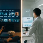 Image fractionnée : À gauche, une personne profite du streaming gratuit en sélectionnant un film sur son téléviseur avec du pop-corn. À droite, un scientifique analyse les données de population du HDSS sur un ordinateur en laboratoire.