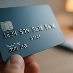 Une main tenant une carte de crédit affiche la puce, le numéro de la carte et la date d'expiration ; le champ du nom indique "mm aa", ce qui laisse supposer la signification du code carte bancaire details.