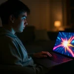 Une personne est assise dans une pièce faiblement éclairée et regarde l'écran d'un ordinateur portable qui affiche un graphique en rafale coloré et lumineux sur la plateforme de streaming d'animés Mavanime.