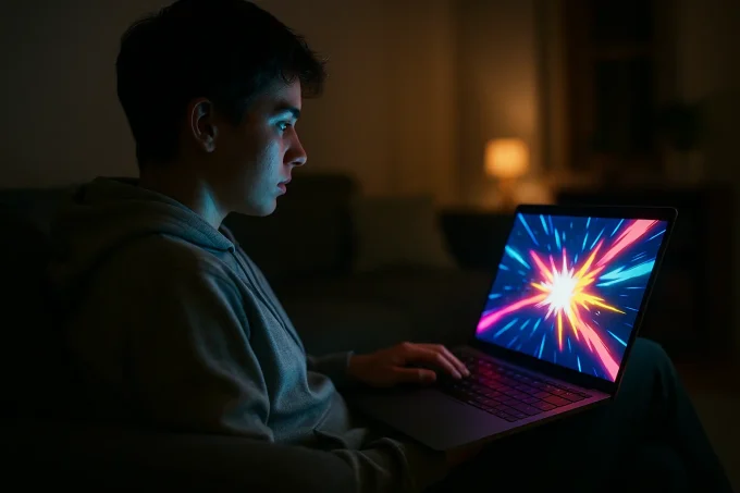 Une personne est assise dans une pièce faiblement éclairée et regarde l'écran d'un ordinateur portable qui affiche un graphique en rafale coloré et lumineux sur la plateforme de streaming d'animés Mavanime.