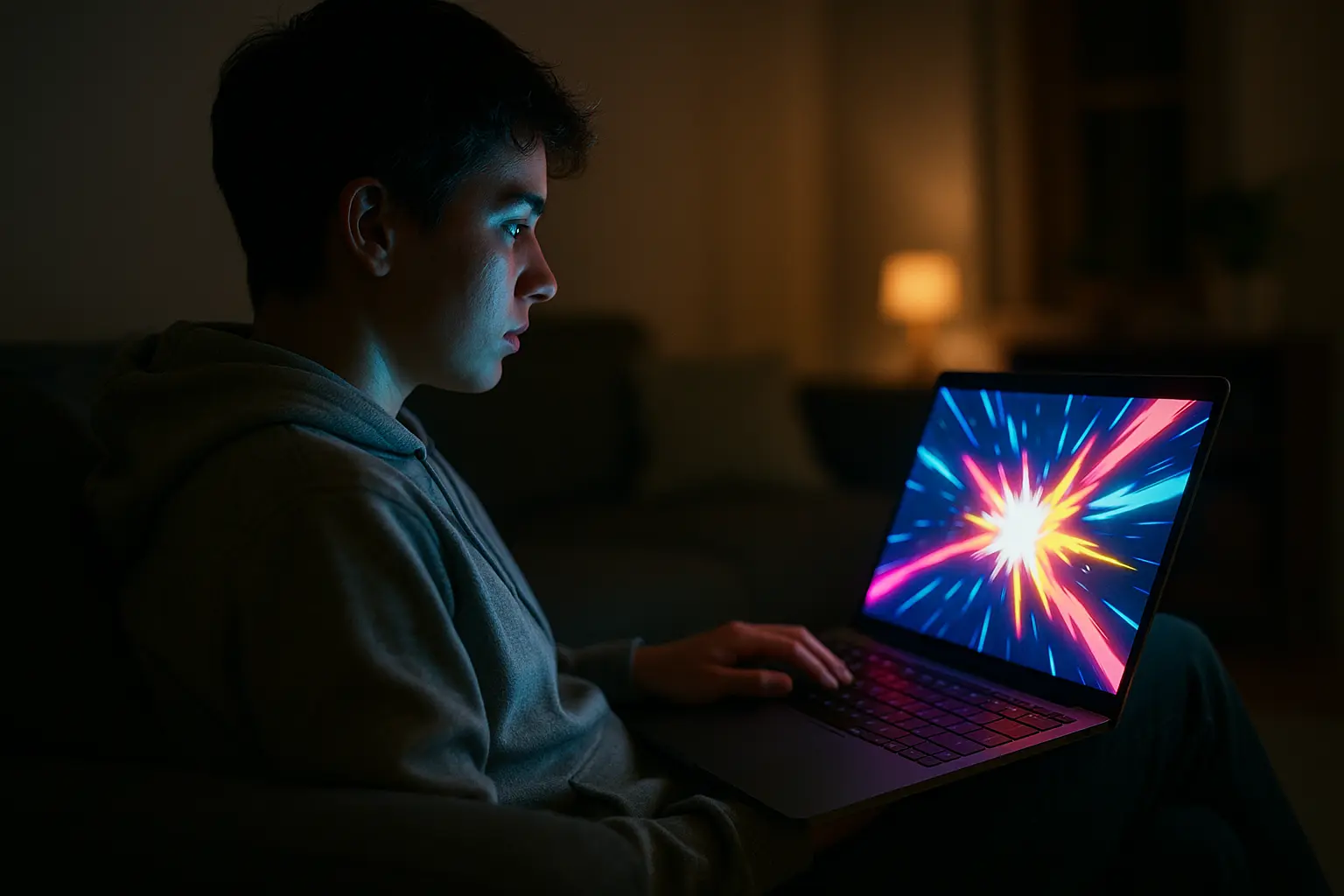 Une personne est assise dans une pièce faiblement éclairée et regarde l'écran d'un ordinateur portable qui affiche un graphique en rafale coloré et lumineux sur la plateforme de streaming d'animés Mavanime.