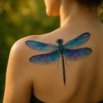 Un tatouage de libellule réaliste avec des ailes bleues et violettes orne le haut du dos d'une femme, sur un fond extérieur flou, symbolisant la transformation et la grâce.