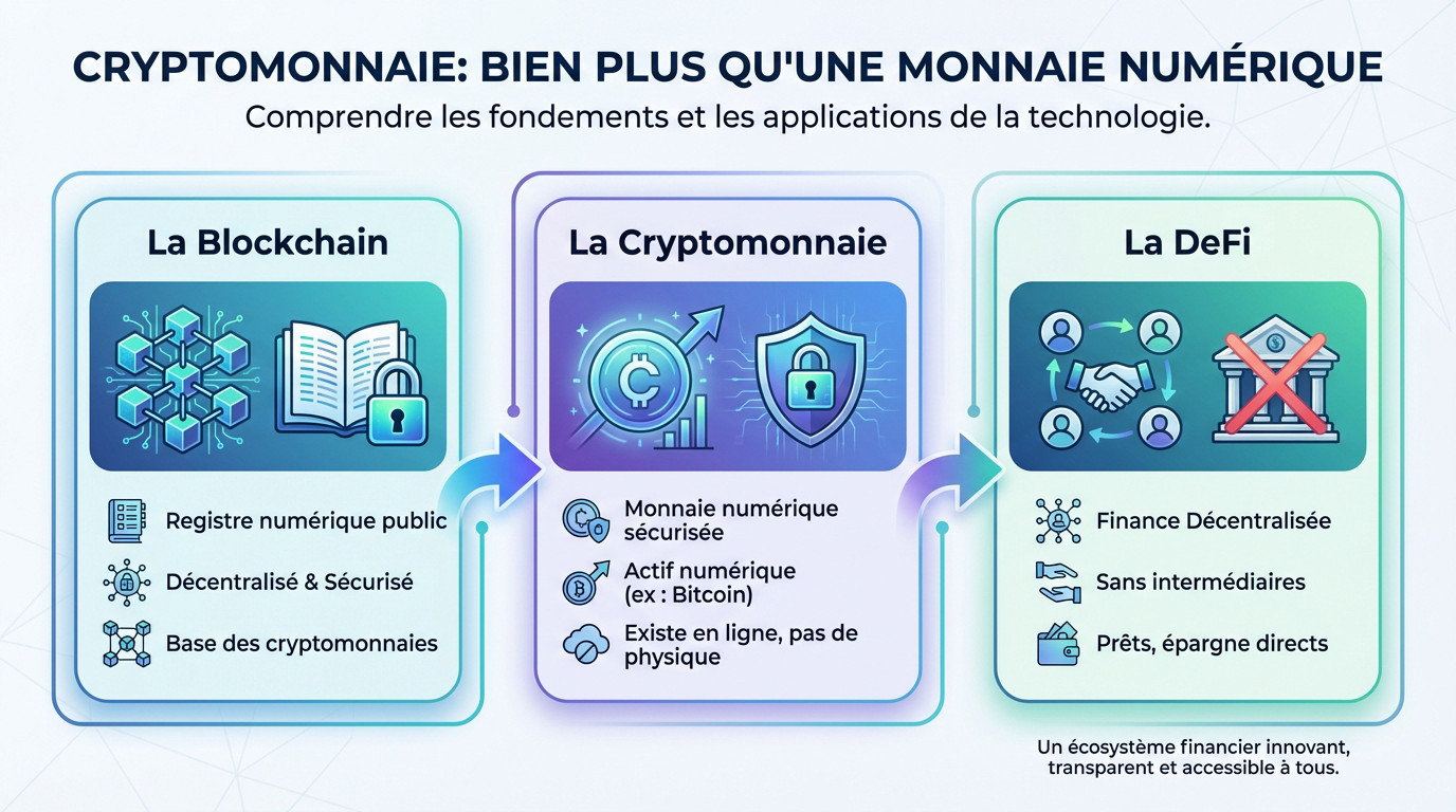 Illustration conceptuelle montrant la cryptomonnaie et la blockchain comme piliers de la finance numérique