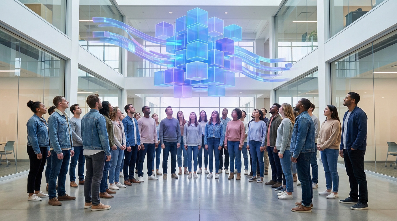 Un groupe de personnes se tient en cercle à l'intérieur d'un bâtiment moderne, regardant un hologramme numérique en 3D composé de cubes bleus et de lignes fluides suspendus au-dessus d'eux.