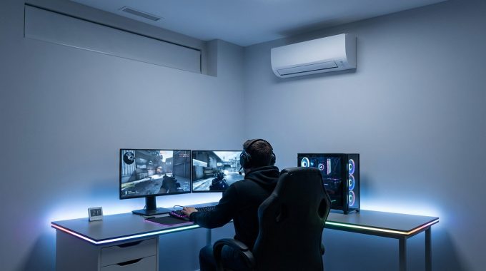 Personne assise à un bureau avec deux moniteurs, jouant sur un PC avec un éclairage RGB vibrant dans une pièce minimaliste et climatisée, tout en bricolant les derniers réglages automatiques de son Brouillon.