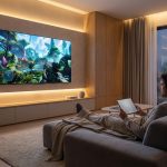 Une personne est assise sur le canapé d'un salon moderne, regardant un jeu vidéo sur un grand téléviseur mural et utilisant une tablette dotée de la fonction Brouillon auto.