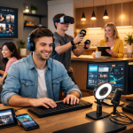 Quatre jeunes adultes utilisent divers appareils numériques dans un salon moderne ; l'un d'eux est assis à un bureau, tandis que les autres jouent, regardent la télévision et utilisent une tablette en arrière-plan.
