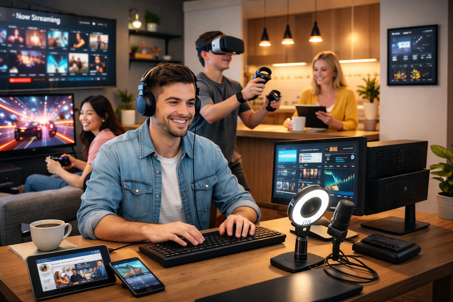 Quatre jeunes adultes utilisent divers appareils numériques dans un salon moderne ; l'un d'eux est assis à un bureau, tandis que les autres jouent, regardent la télévision et utilisent une tablette en arrière-plan.