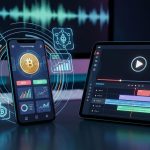 Un smartphone affichant des graphiques d'échange de crypto-monnaies et un symbole Bitcoin est placé à côté d'une tablette montrant une interface de gestion de vidéos, avec des icônes numériques superposées sur les deux écrans, soulignant l'essor des applications crypto et de la créativité numérique.