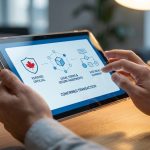 Une personne utilise une tablette affichant des icônes et du texte sur les fonctionnaires vérifiés, les conditions juridiques, l'accord d'utilisation et les transactions confirmées, soulignant la légalité des processus avec un symbole du drapeau canadien visible sur l'écran.