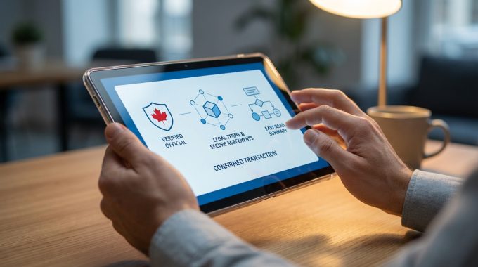 Une personne utilise une tablette affichant des icônes et du texte sur les fonctionnaires vérifiés, les conditions juridiques, l'accord d'utilisation et les transactions confirmées, soulignant la légalité des processus avec un symbole du drapeau canadien visible sur l'écran.