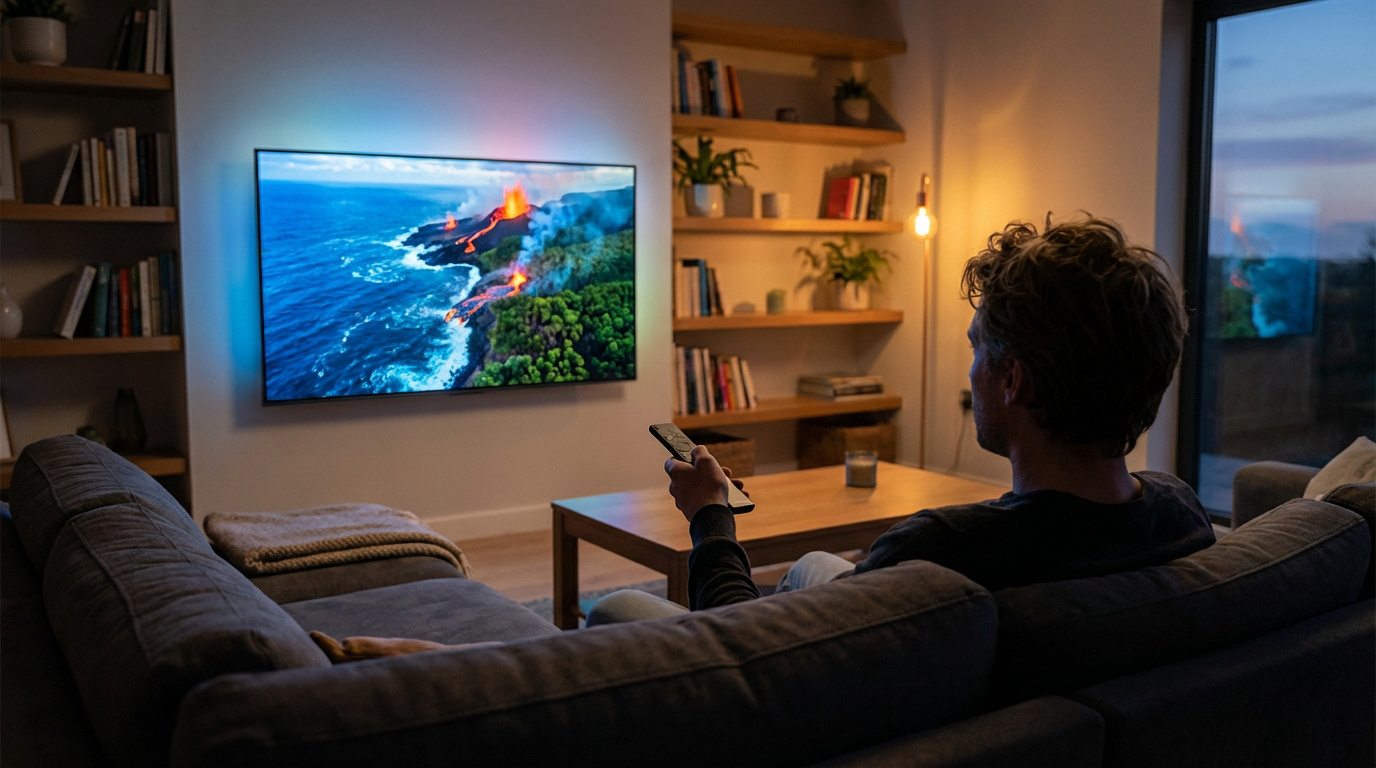 Un homme de dos sur un canapé regarde une télévision murale affichant une éruption volcanique avec de la lave et la mer, éclairée par un Ambilight.