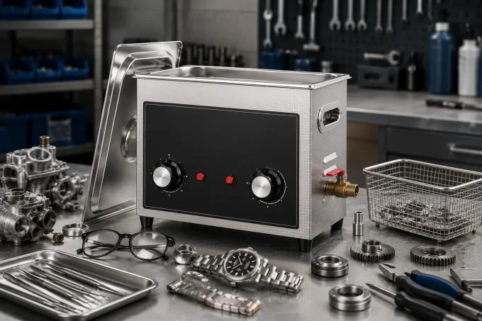 Industrial workbench with a silver control unit featuring three knobs and red indicators, surrounded by gears and tools.