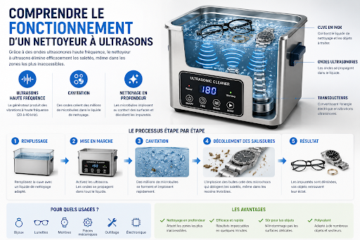 Infographie expliquant le fonctionnement d'un nettoyeur à ultrasons, avec des diagrammes étape par étape montrant le processus de nettoyage d'objets tels que les verres et les montres - idéal pour divers besoins de nettoyage et conseils pour choisir un nettoyeur à ultrasons.