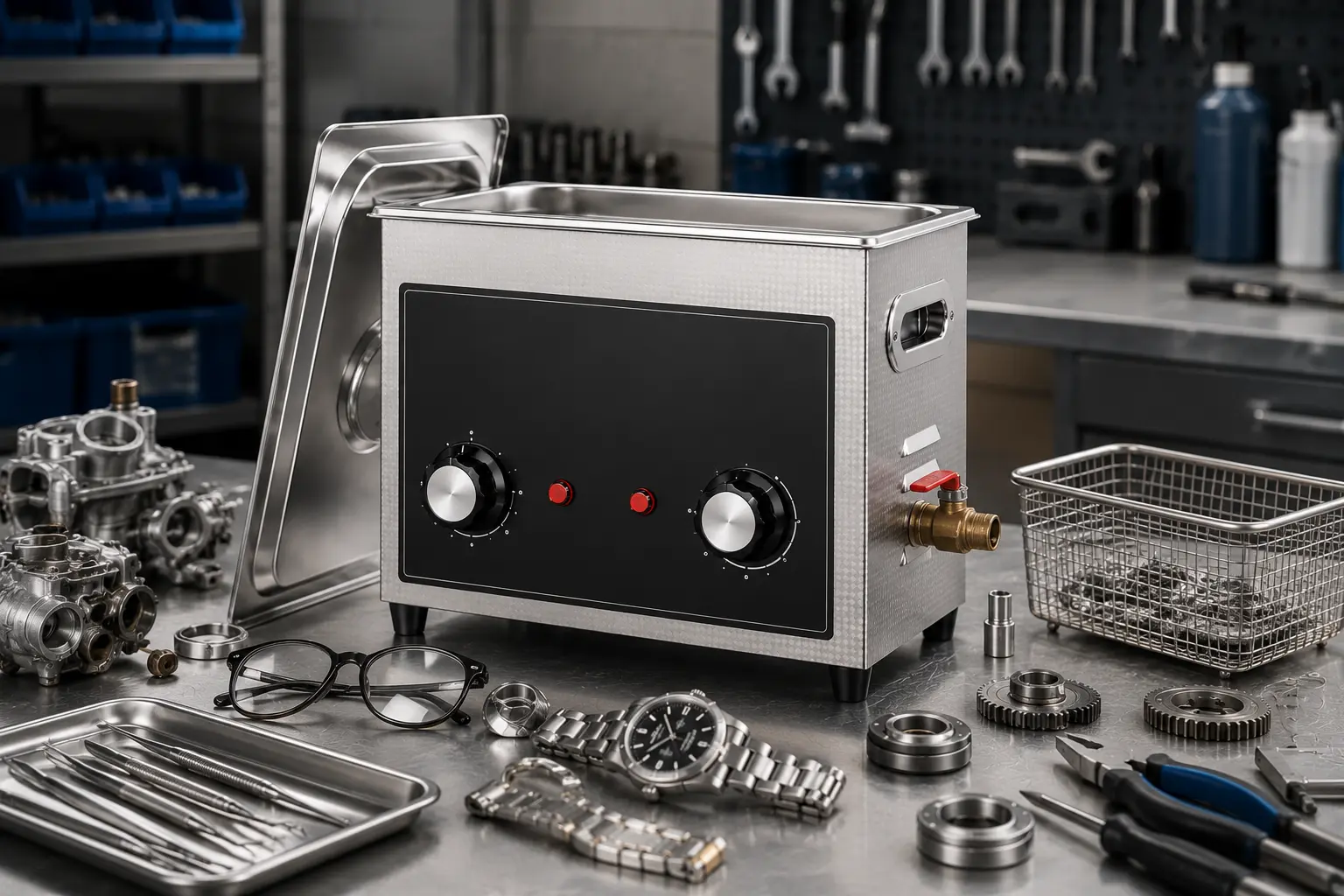 Industrial workbench with a silver control unit featuring three knobs and red indicators, surrounded by gears and tools.
