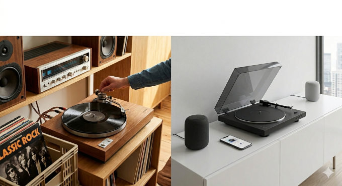 Comparaison côte à côte d'une platine vinyle classique avec des disques vinyles et d'une platine vinyle moderne Bluetooth connectée à des enceintes sans fil et à un smartphone.